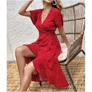 Boho Red Polka Dot Wrap Ruffle Midi Dress